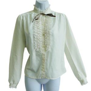 Vintage Ivory Tuxedo Lace Ruffle Button Placket Brown Neck Ribbon Tie High Neck